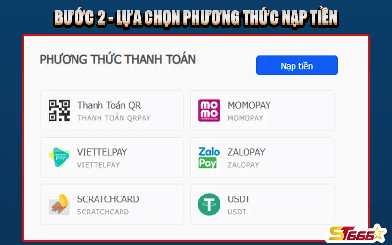 Lựa chọn phương thức nạp tiền