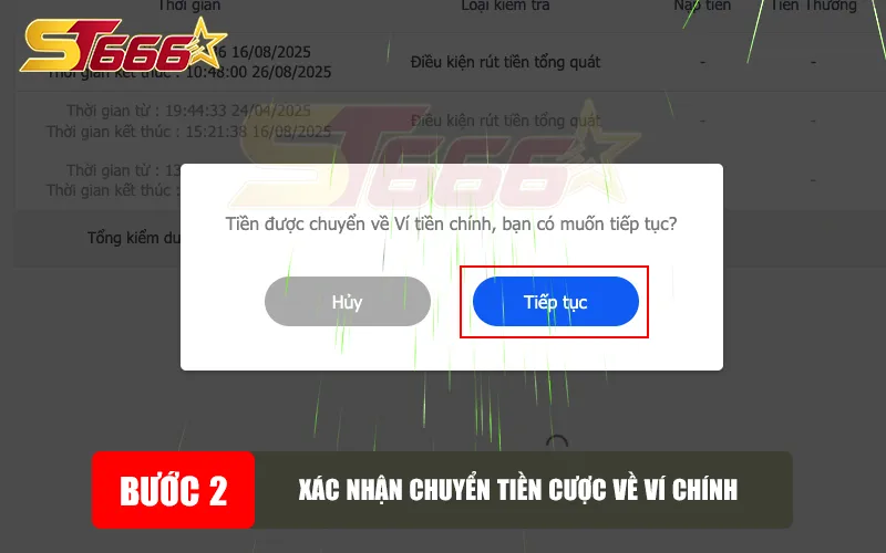 Xác nhận chuyển tiền cược về ví chính